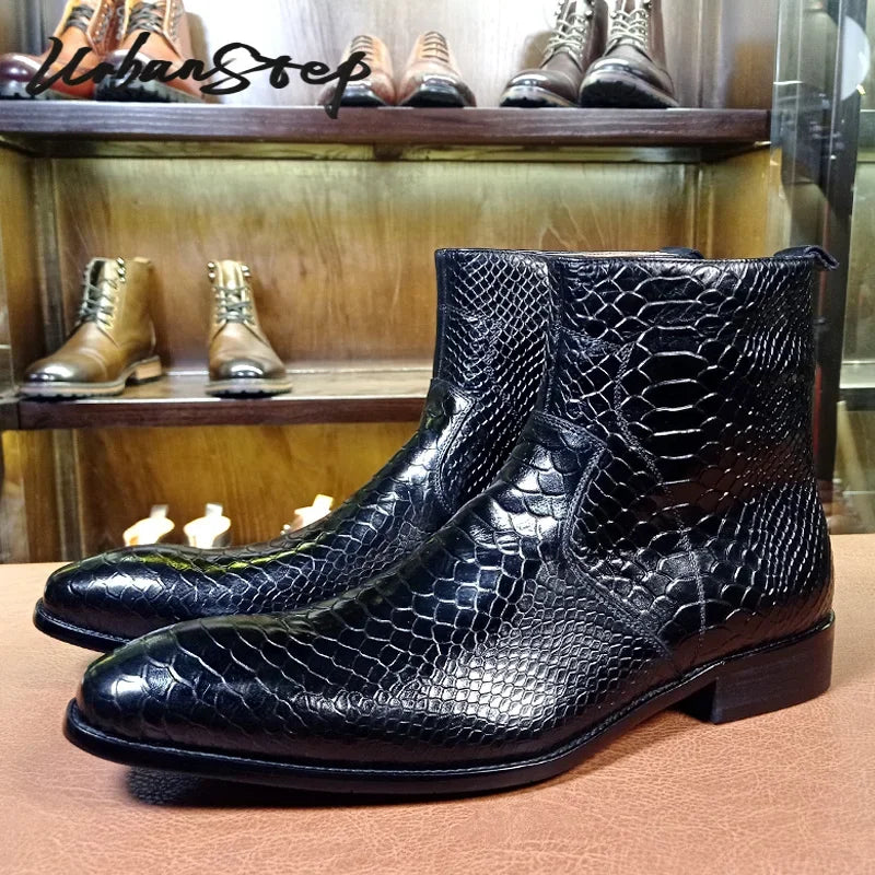 Luxury Men Mid-Calf Boots High Grade Python Print Shoes Casual Mens Dress Boots Winter Genuine Leather Chelsea Boots Shoes Men