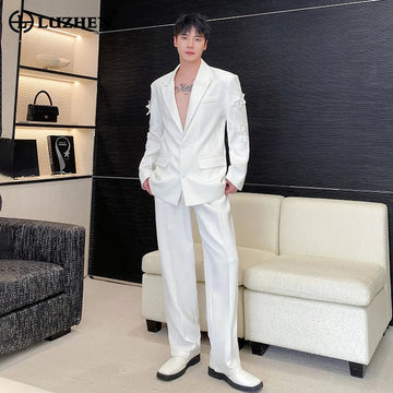 LUZHEN 2024 Spring New Transparent Splicing Embroidered Design Blazers Two-piece Sets Men's Trendy High Street Suit Pants LZ1814