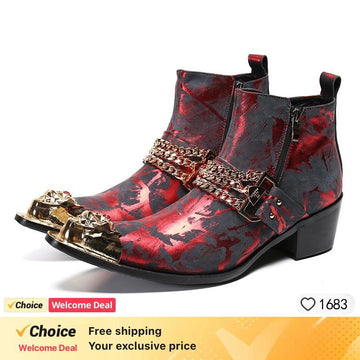 Men's Ankle Boots Metal Toe Zip High Heels Genuine Leather Boots for Men Stylish Rivet Short Autumn Red Black Patchwork Boots