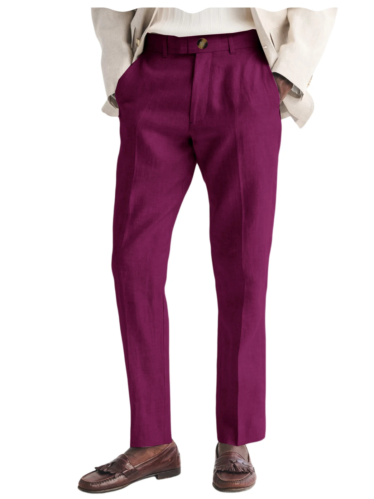 Men's Linen Straight Fit Pants Wrinkle-Resistant Lightweight Breathable Flat-Front Casual Trousers Expandable-Waist For Summer