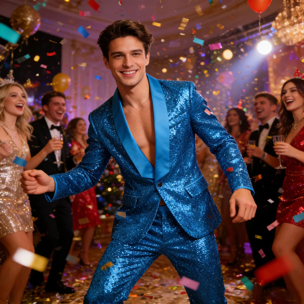 Men's Sequin Tuxedo Suit Set Shiny One Button Satin Patchwork Shawl Lapel Slim Fit 2 Piece Blazer Pants For Wedding Party Prom