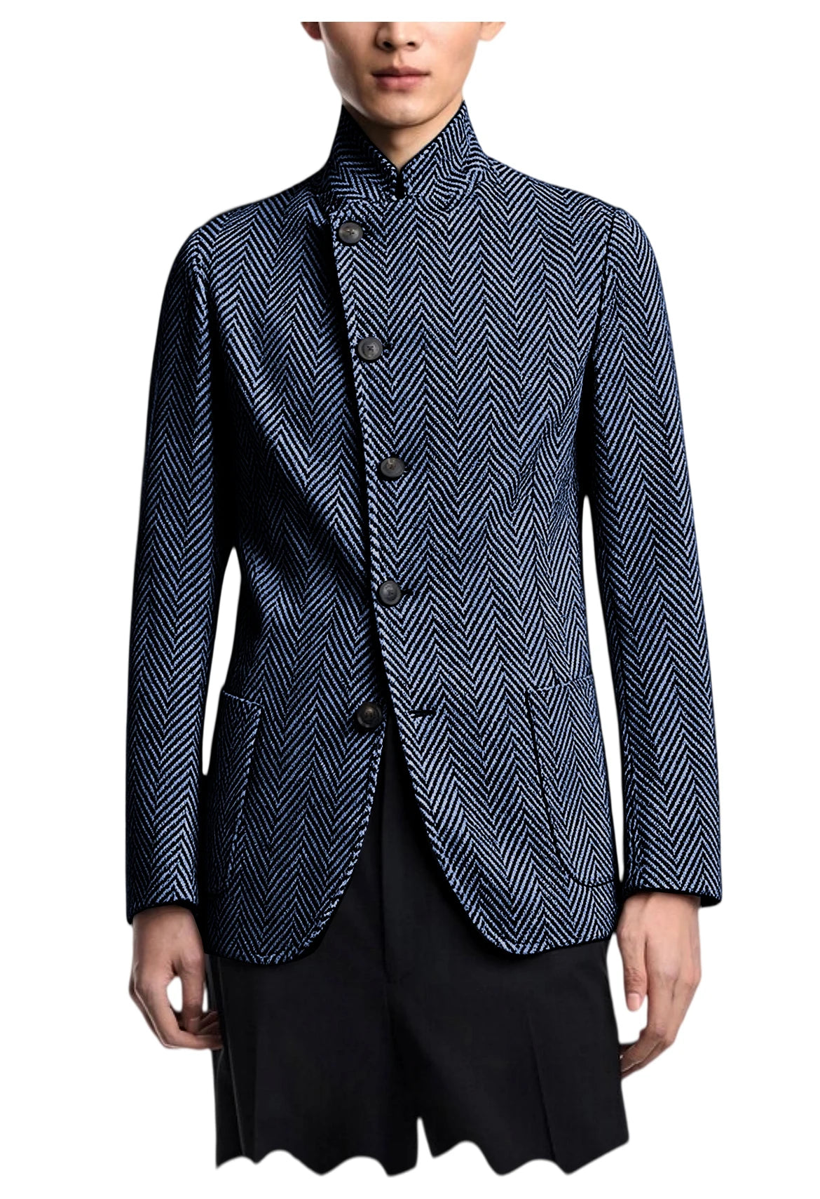 Vintage Men's Herringbone Jacket Stand Collar Slim Fit Wool Blend Formal Blazer Fashion British Style Sport Coat Business Casual