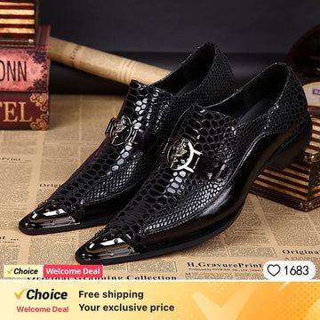 Spring and Autumn Python skin Metal Chain Fashion Shoes Cap Man Commercial affairs Banquet Marry Formal Wear Leather Shoes Black