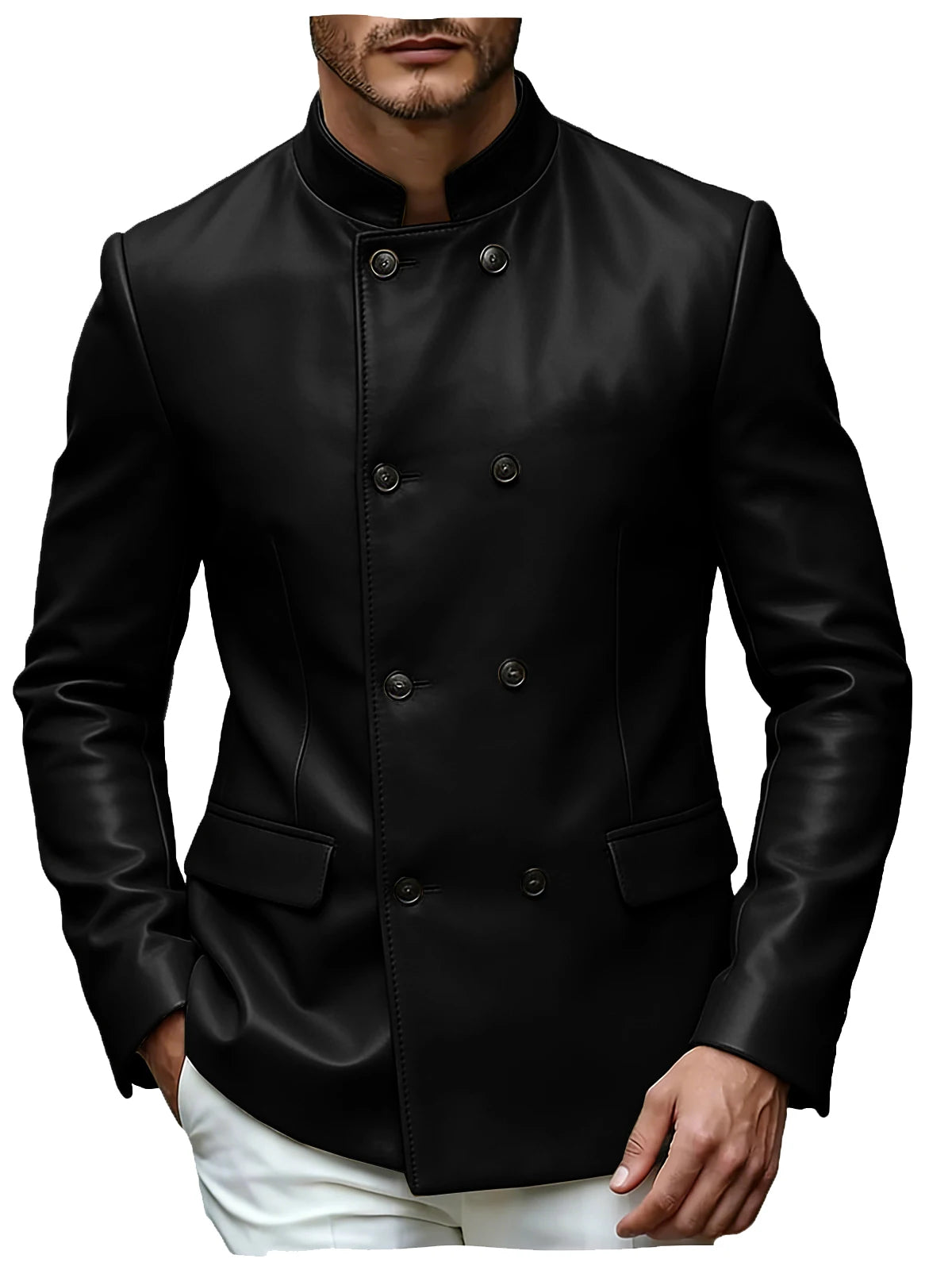 Men's Blazer Stand Collar Faux Leather Jacket High Quality Double Breasted Slim Fit Casual Coat For Business Office Outerwear