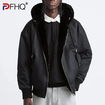 PFHQ Winter Men's Hooded Two Sided Pilot Jacket 2024 Solid Color Zipper With Hat Casual Male Tops American Streetwear 24E5475