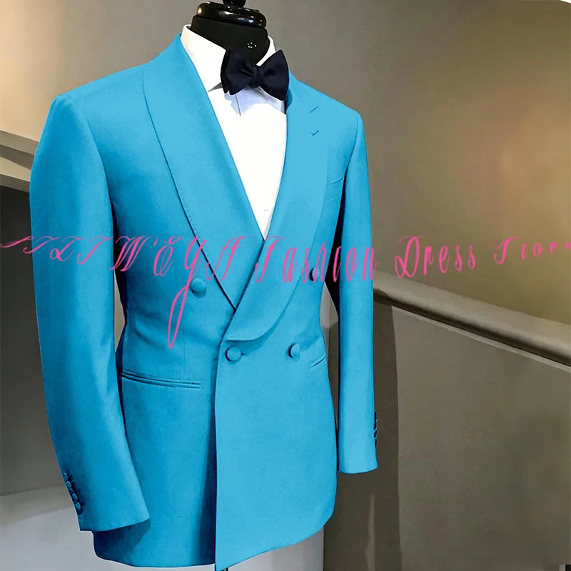 Blue Double Breasted Men's Suit Wedding Groom Tuxedo High Quality Boutique Male Clothing Jacket+Pants