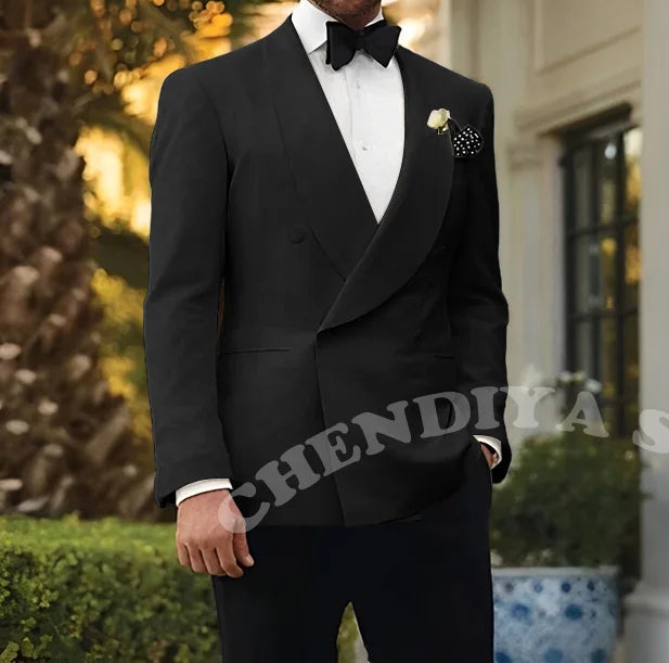 Double Breasted Men Suits Wedding Suit Groom Elegant Shawl Lapel 2 piece Slim Fit Man Set Jacket With Black Pants Formal Blazer