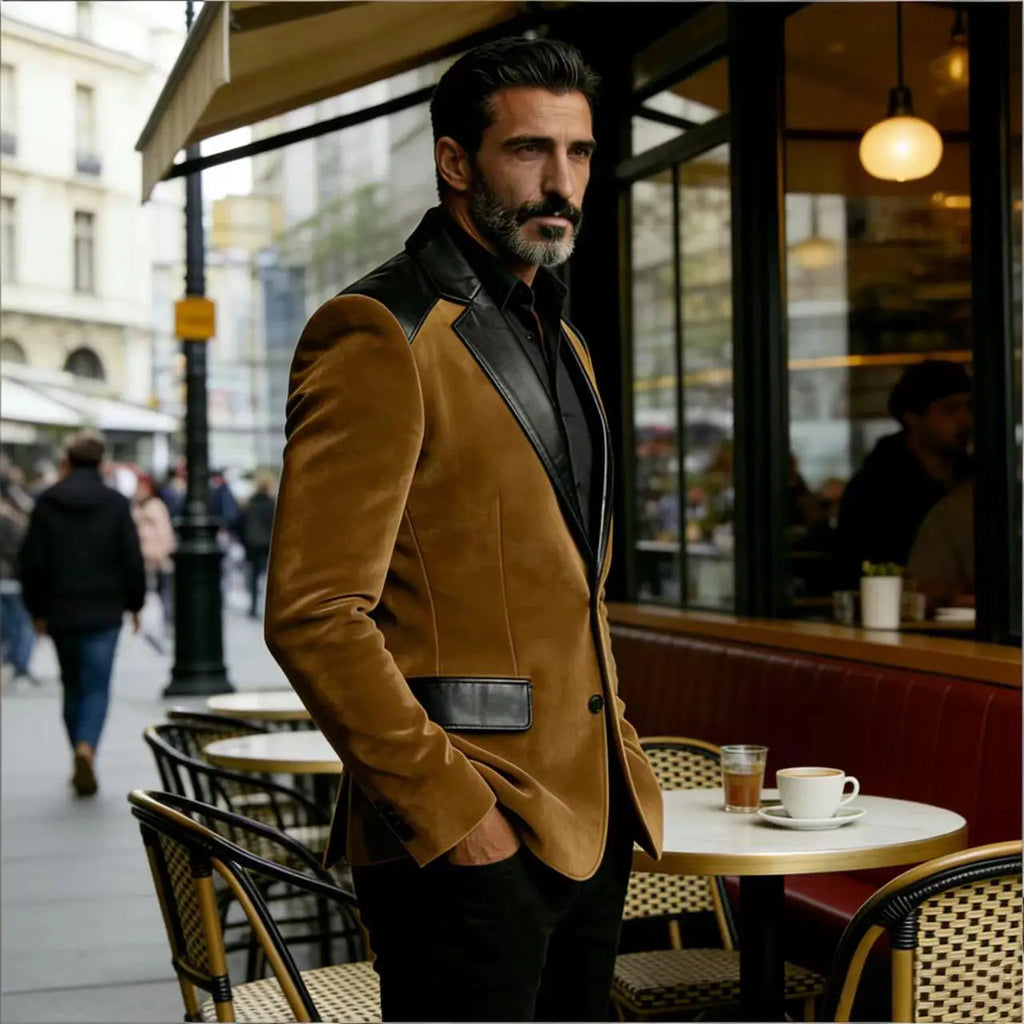 Men's Camel Velvet Blazer with Leather Patchwork Slim Fit Formal Casual Tuxedo Jacket Two-Tone Business Suit Coat