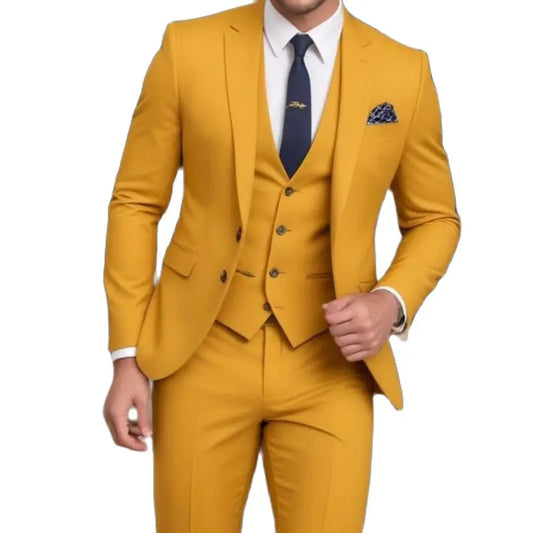 Custom Made Yellow Men's Suits Single Breasted Notch Lapel Formal 3 Piece Jacket Pants Vest Full Sets Luxury Male Clothing Terno