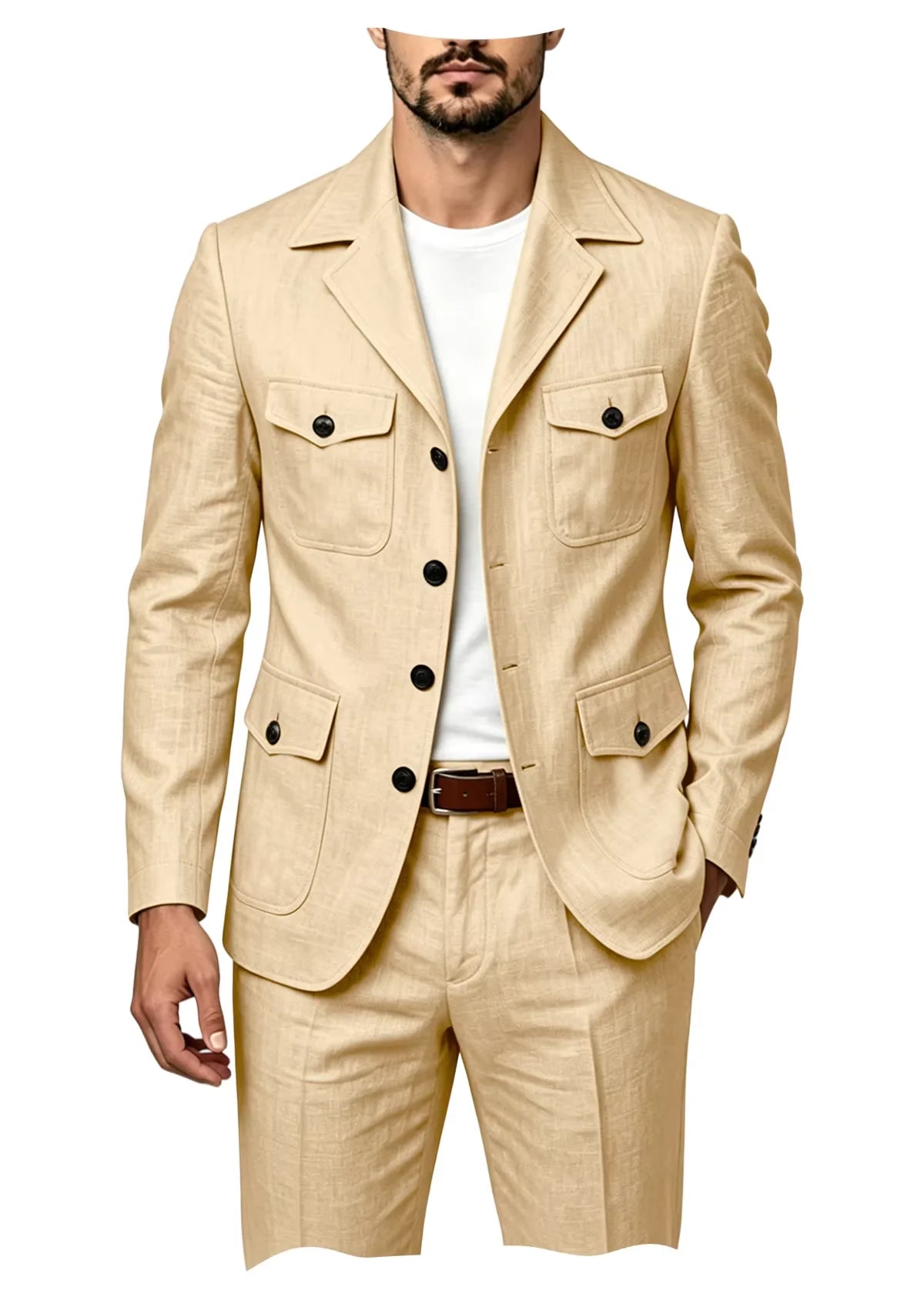 Men's Grey Linen Blend Suit 2 Piece Multi Pocket Peak Lapel Blazer pants Set Lightweight formal Suit for Summer Business Casual