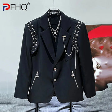 PFHQ Trendy Men's Blazer Casual Jacket New Summer Trend Metal Chain Zipper Decoration Design 2024 Male Tops Fashion 21Z5225