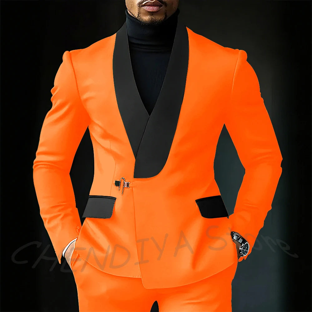 Contrast Color Men's Suit Set 2 Piece Elegant Shawl Lapel Slim Fit Formal Outfit Business Casual Jacket Pants Customized