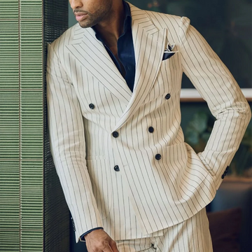 White Striped Suit For Men Chic Peaked Lapel Double Breasted Classic Fitted Straight Business Casual Daily Office Male Clothing