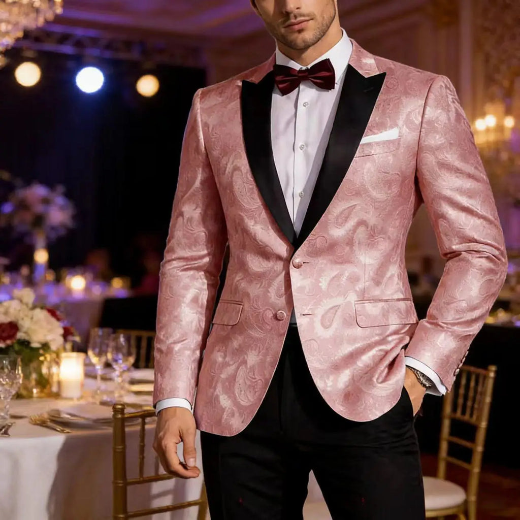 Men's Pink Paisley Tuxedo Blazer Black Satin Lapel 2 Button Formal Jacket Wedding Party Prom Suit Coat Plus Size