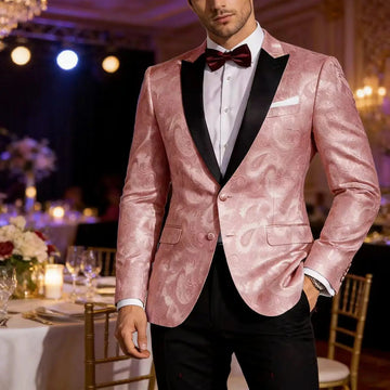 Men's Pink Paisley Tuxedo Blazer Black Satin Lapel 2 Button Formal Jacket Wedding Party Prom Suit Coat Plus Size