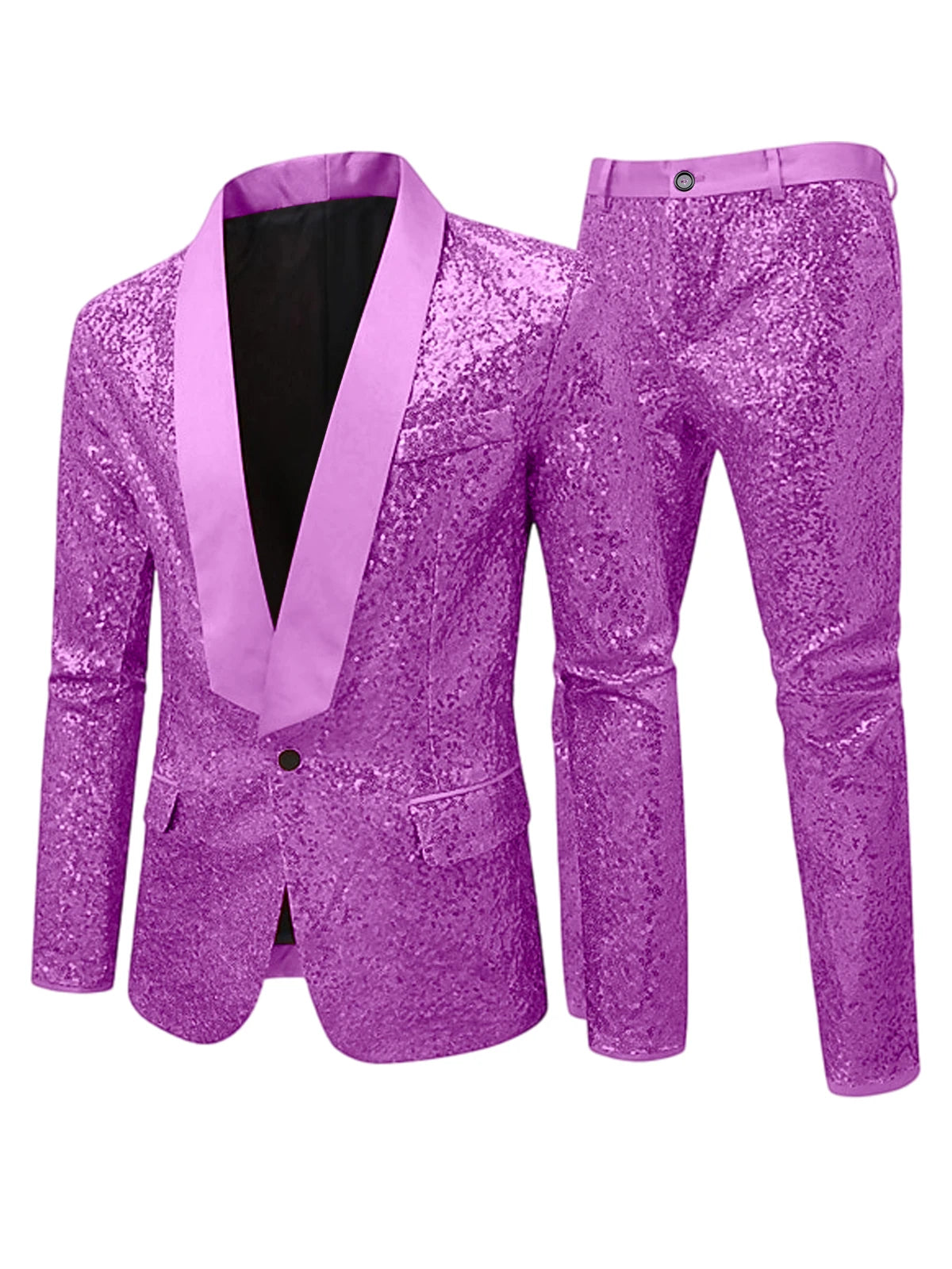 Men's Sequin Tuxedo Suit Set Shiny One Button Satin Patchwork Shawl Lapel Slim Fit 2 Piece Blazer Pants For Wedding Party Prom