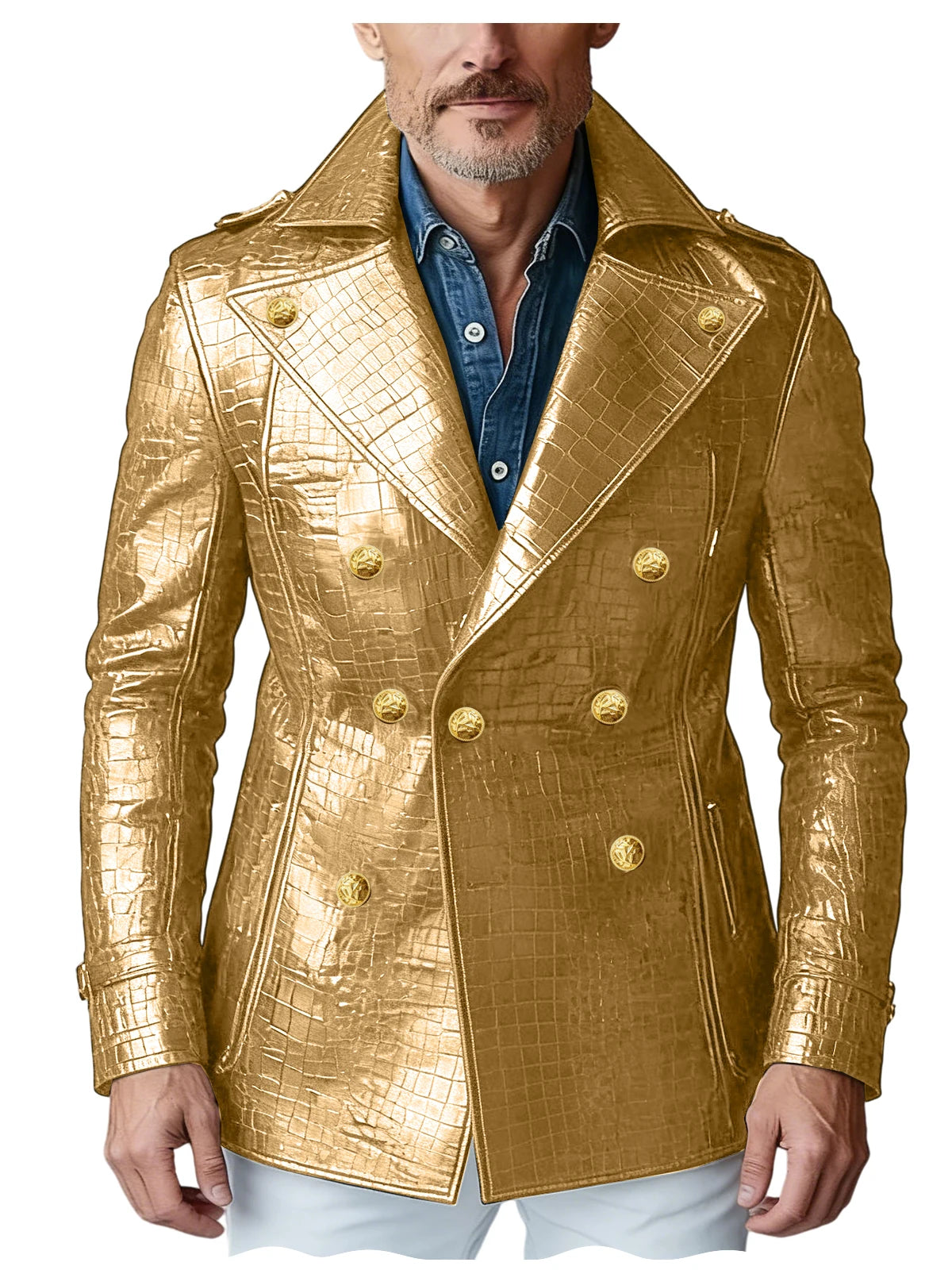 Men's Crocodile Embossed Leather Blazer Double Breasted Trench Coat Wide Lapel Gold Button Slim Fit Jacket For Four Season
