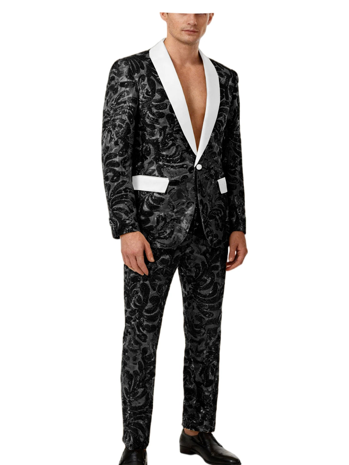 Men's Sequin Paisley Tuxedo Set Suit White Satin Shawl Lapel Slim Fit 2 Piece Blazer+Pants For Wedding Prom Party Suit Plus Size