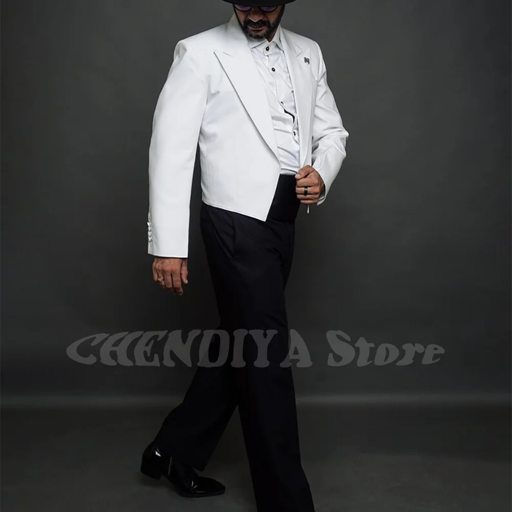 White And Black Contrast Suit For Men Elegant Fashion Peaked Lapel Regular Fitted Outfits Two Pieces Formal Party Male Set