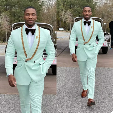 Handsome Men's Suits Double Button Shawl Lapel Solid Color Outfit Man Set 2 Piece Casual Daily Office Prom Male Clothing
