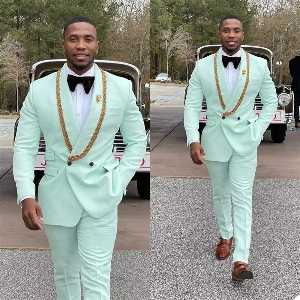 Handsome Men's Suits Double Button Shawl Lapel Solid Color Outfit Man Set 2 Piece Casual Daily Office Prom Male Clothing