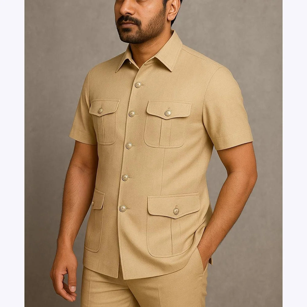 Solid Color Men Suits Safari Style Stand Collar Single Breasted Slim Fit Outfits Smart Casual Office Work Social Daily Set
