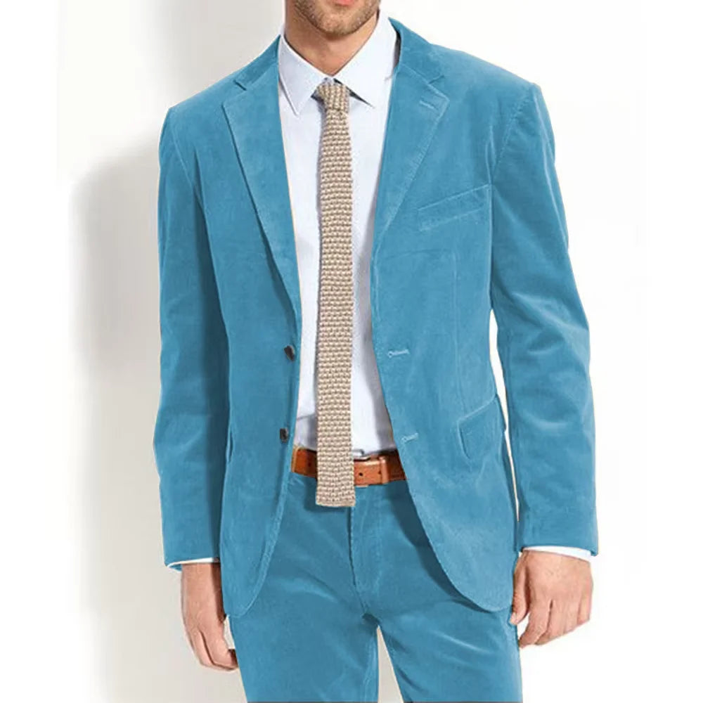 Men's Velvet Suit Vintage Solid Color Slim Fit Notched Lapel 2 Piece Jacket Pants Formal Set For Groom Wedding Business Casual
