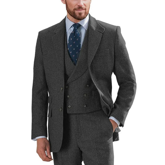 3 peças Ternos masculinos Beda de peito duplo de peito de lã Tweed Tweed Casual Business Suits for Groommen Wedding （Blazer+colete+calça）