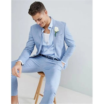 Light Blue Slim Fit Tailored Suit Men Casual Beach Summer Tuxedo Suit 2 Pieces Set Wedding Mens Suits With Pants Terno Masculino