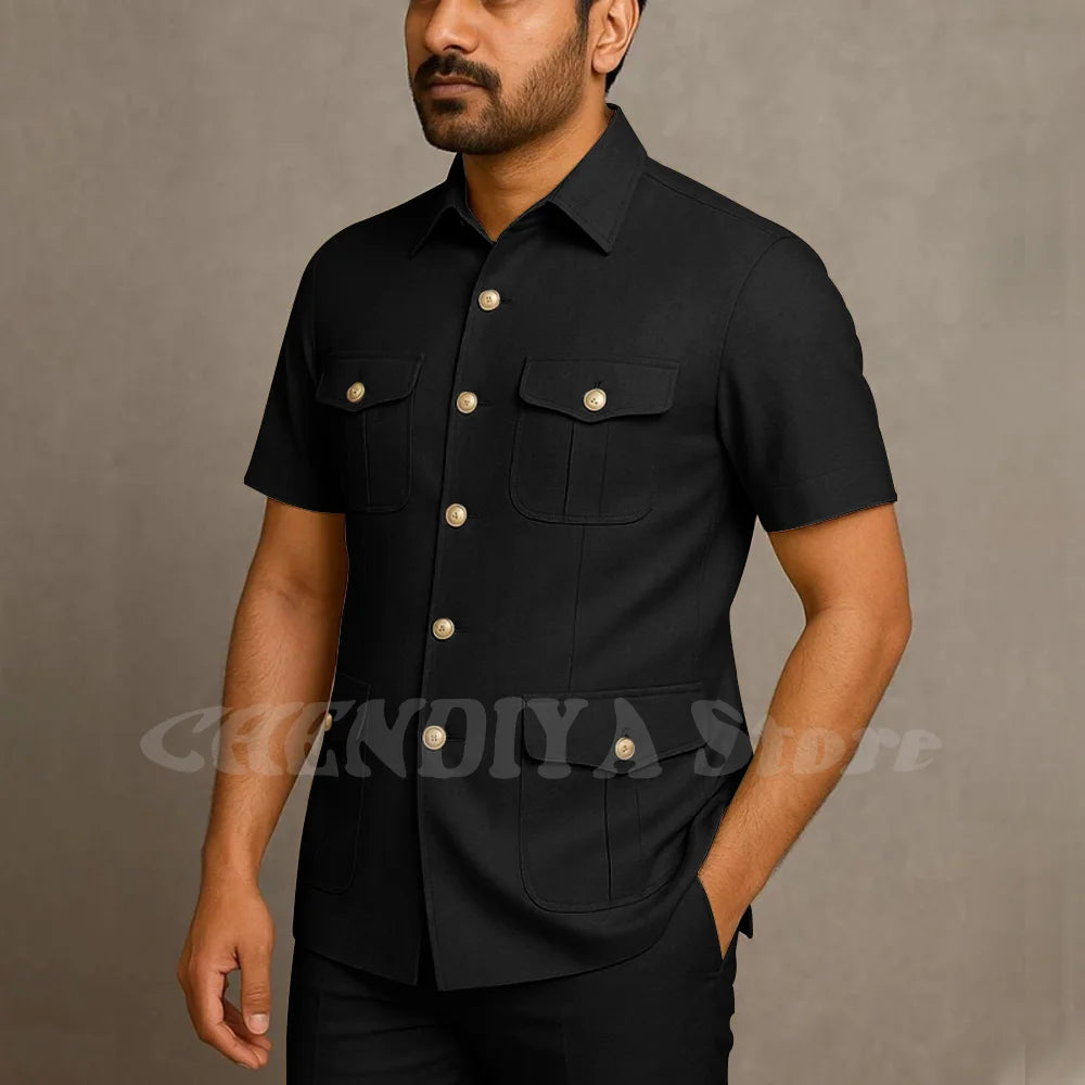 Solid Color Men Suits Safari Style Stand Collar Single Breasted Slim Fit Outfits Smart Casual Office Work Social Daily Set