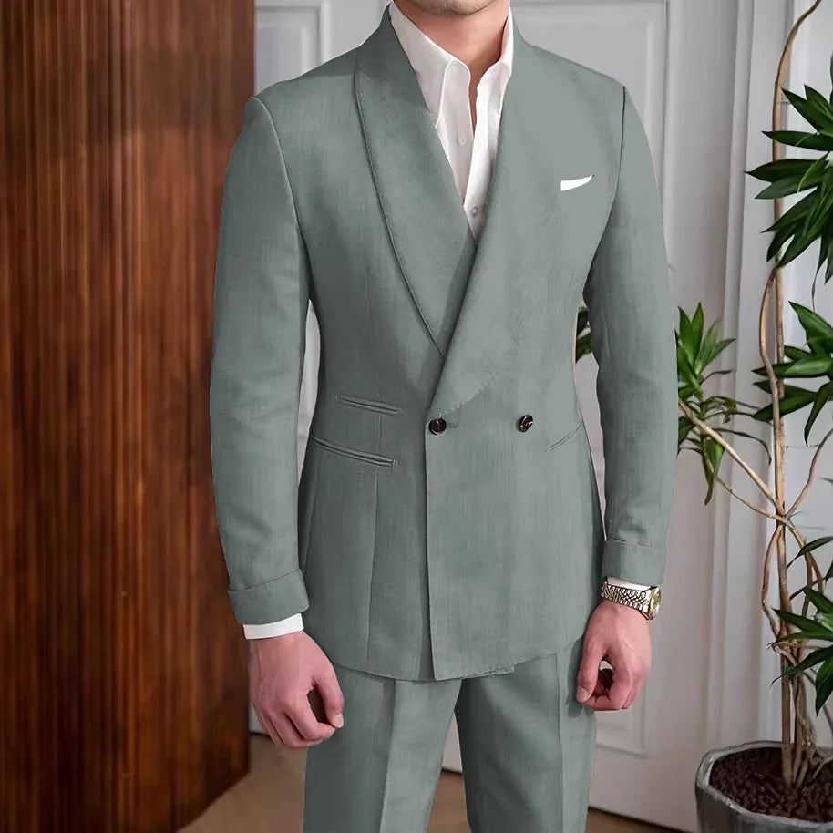 Men's Linen Suit 2-Piece Khaki Shawl Collar Double-Breasted Slim Fit Breathable Jacket and Pants Formal Set for Summer Business