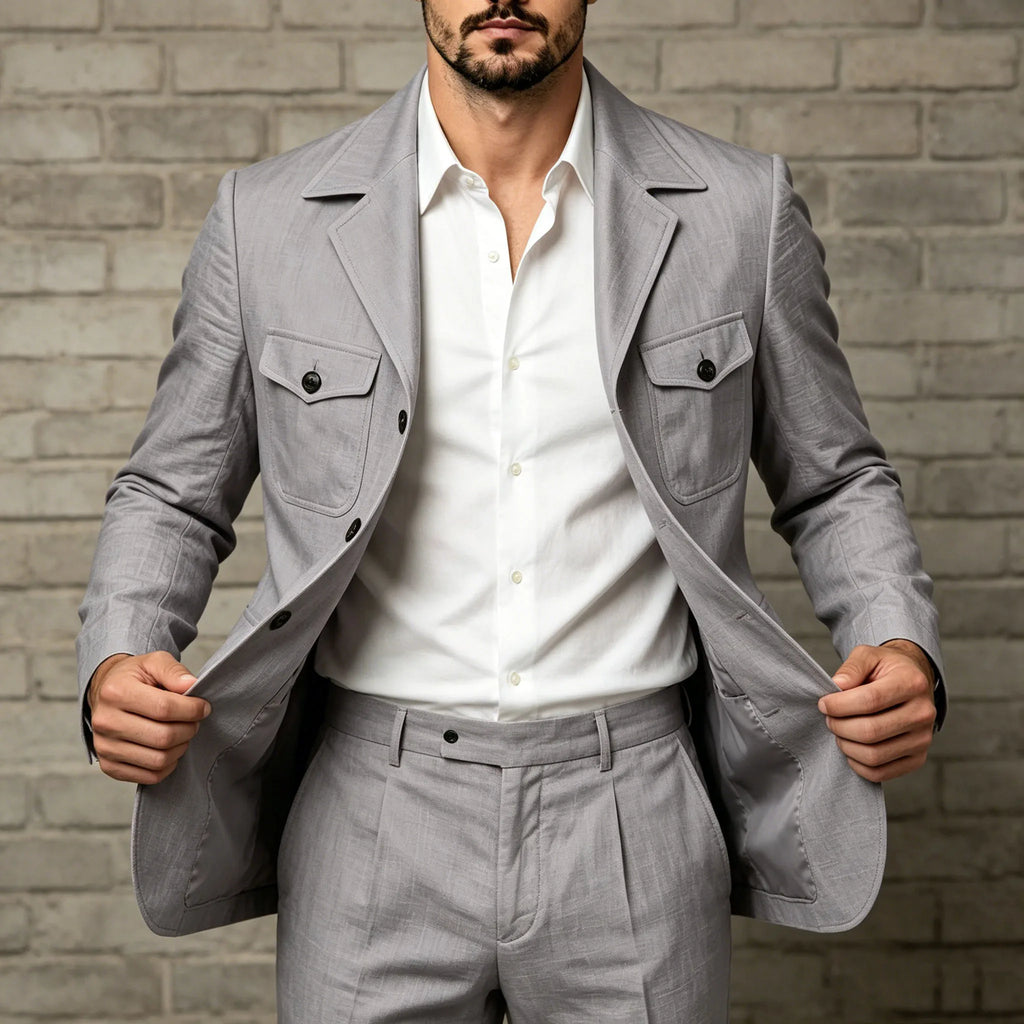 Men's Grey Linen Blend Suit 2 Piece Multi Pocket Peak Lapel Blazer pants Set Lightweight formal Suit for Summer Business Casual