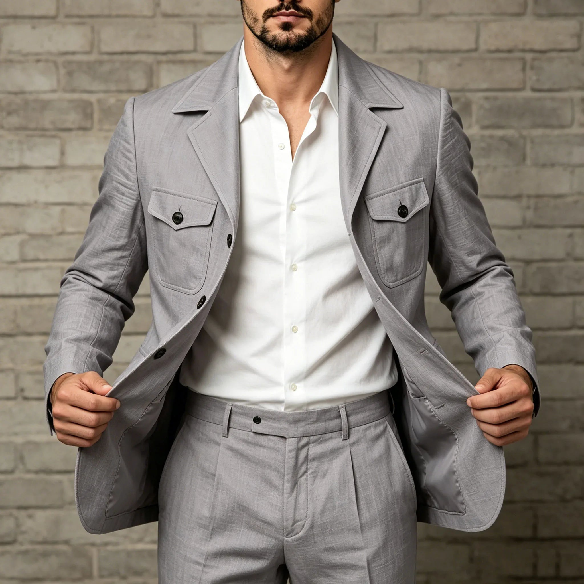 Men's Grey Linen Blend Suit 2 Piece Multi Pocket Peak Lapel Blazer pants Set Lightweight formal Suit for Summer Business Casual