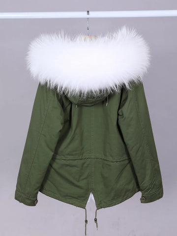 2025 MAOMAOKONG New Natural White Raccoon Big Fur Collar Women's Winter Real Fur Collar Coat Female Short Parka Bomber Jacket