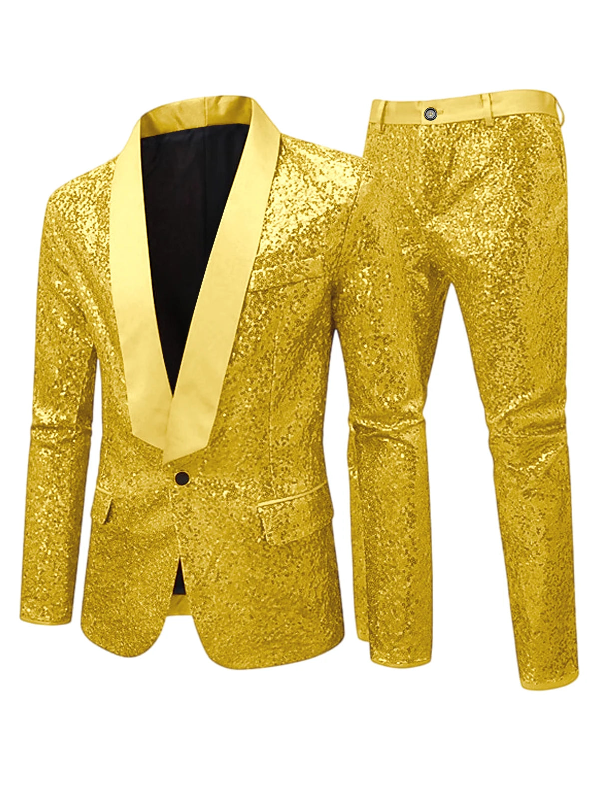 Men's Sequin Tuxedo Suit Set Shiny One Button Satin Patchwork Shawl Lapel Slim Fit 2 Piece Blazer Pants For Wedding Party Prom