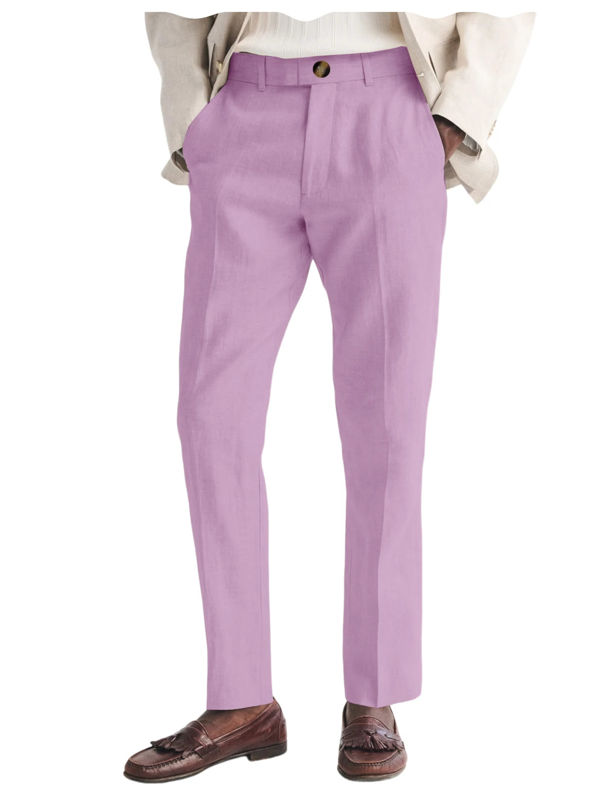 Men's Linen Straight Fit Pants Wrinkle-Resistant Lightweight Breathable Flat-Front Casual Trousers Expandable-Waist For Summer