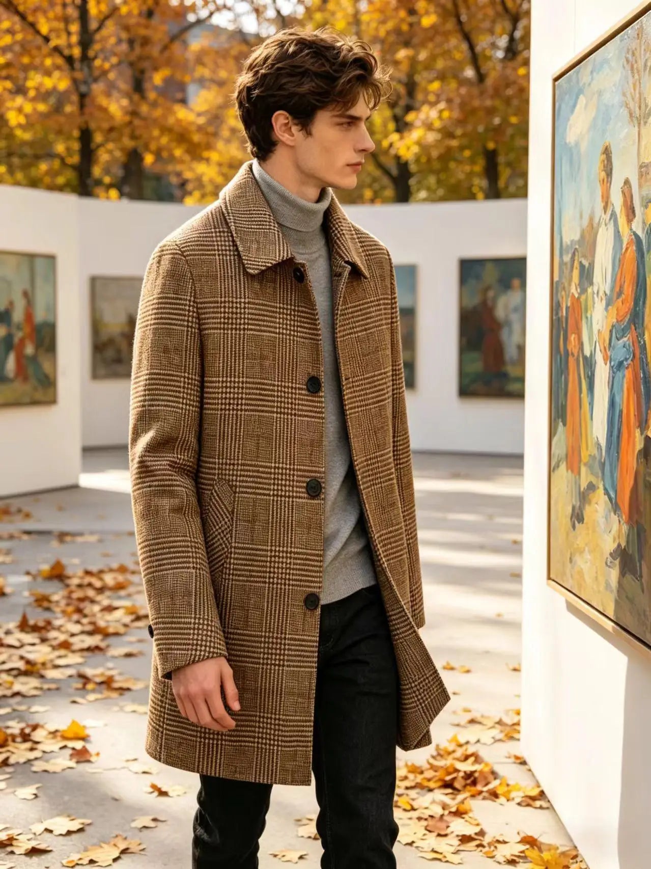 Men's Plaid Wool Blend Overcoat Turn Down Collar Mid Length Classic British Style Jacket For Business Casual