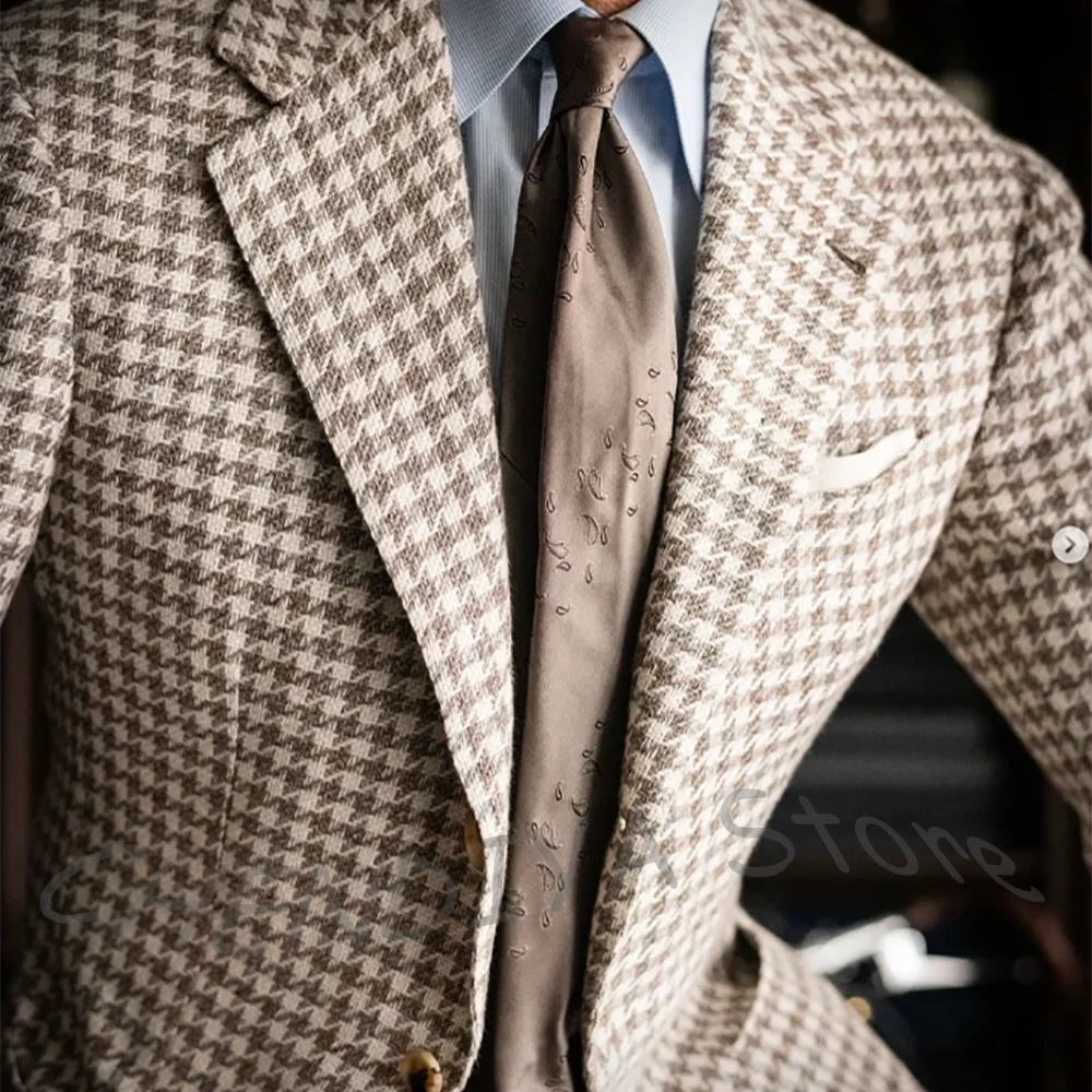 Chic Houndstooth Man Suit Costume Notch Lapel Single Breasted High Quality Slim Fit Outfit Business Office Formal Clothes