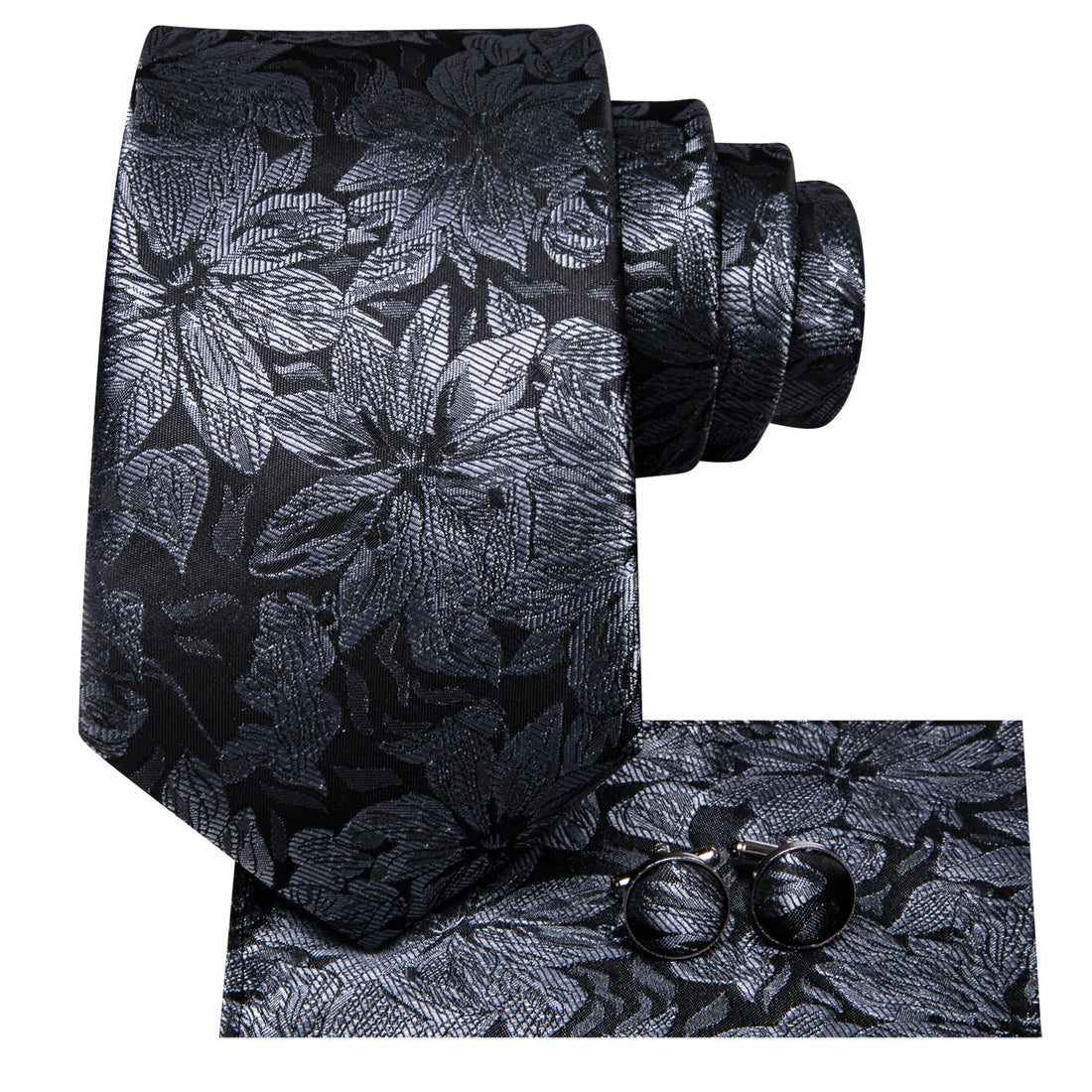 Hi-Tie Fashion 8.5cm Black Grey Floral Mens Elegant Tie Handkerchief Cufflinks Set Wedding Party Accessories Gift for Men Gravat