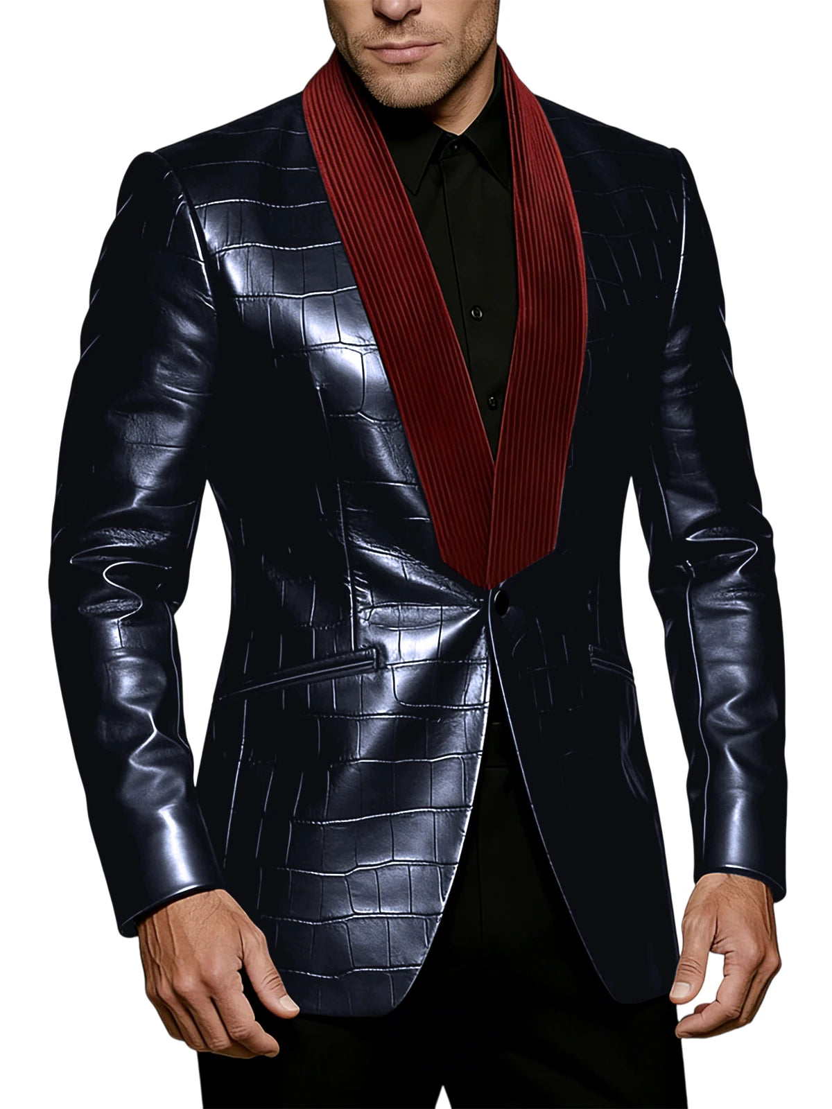 Men's Crocodile Pattern Leather Blazer Corduroy Patchwork 1 Button Shawl Collar Suit Jacket Slim Fit Business Formal Outerwear