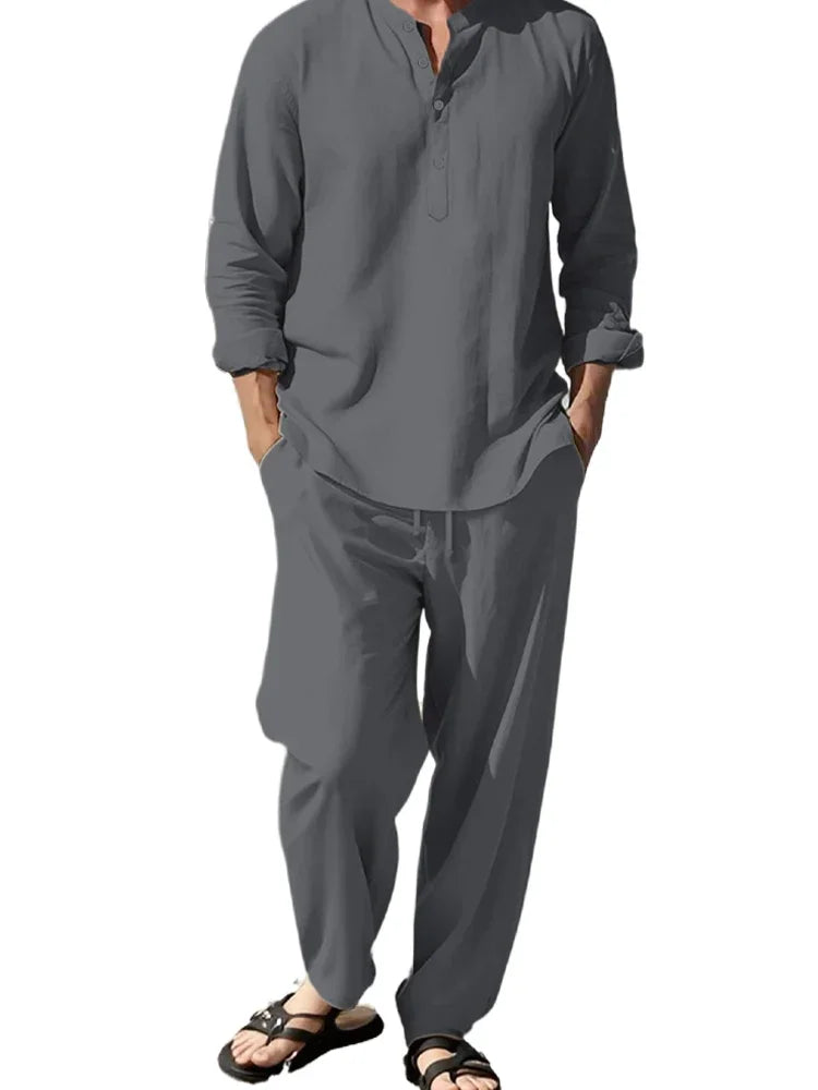 2pcs Shirt Pants Set Long-sleeved Henry Shirt Trousers Suit Sense of Texture Vacation Light Breathable Draped Men's Clothing