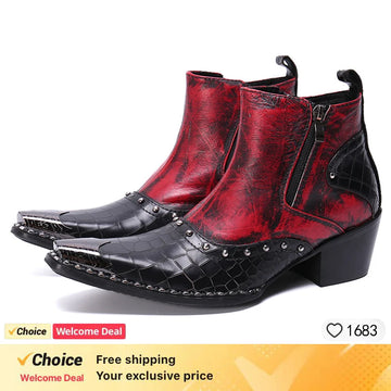 Real Crocodile Leather Men Cowboy Ankle Boots Rivets Motorcycle Short Boots Increase Height Party Dress Boots Sapatos Social