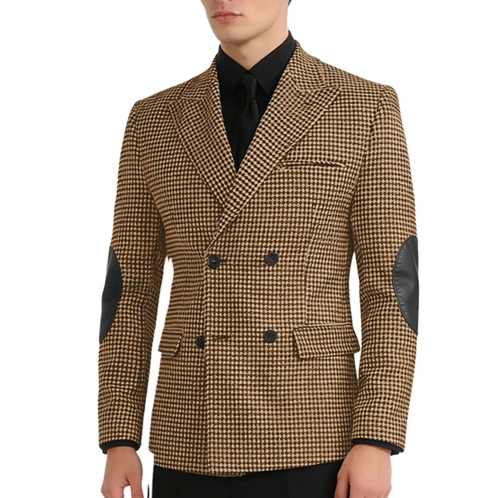 Men's Houndstooth Double Breasted Blazer with Leather Elbow Patches Peak Lapel Sport Coat Formal Business Wedding Suit Jacket