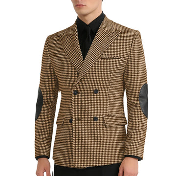 Men's Houndstooth Double Breasted Blazer with Leather Elbow Patches Peak Lapel Sport Coat Formal Business Wedding Suit Jacket