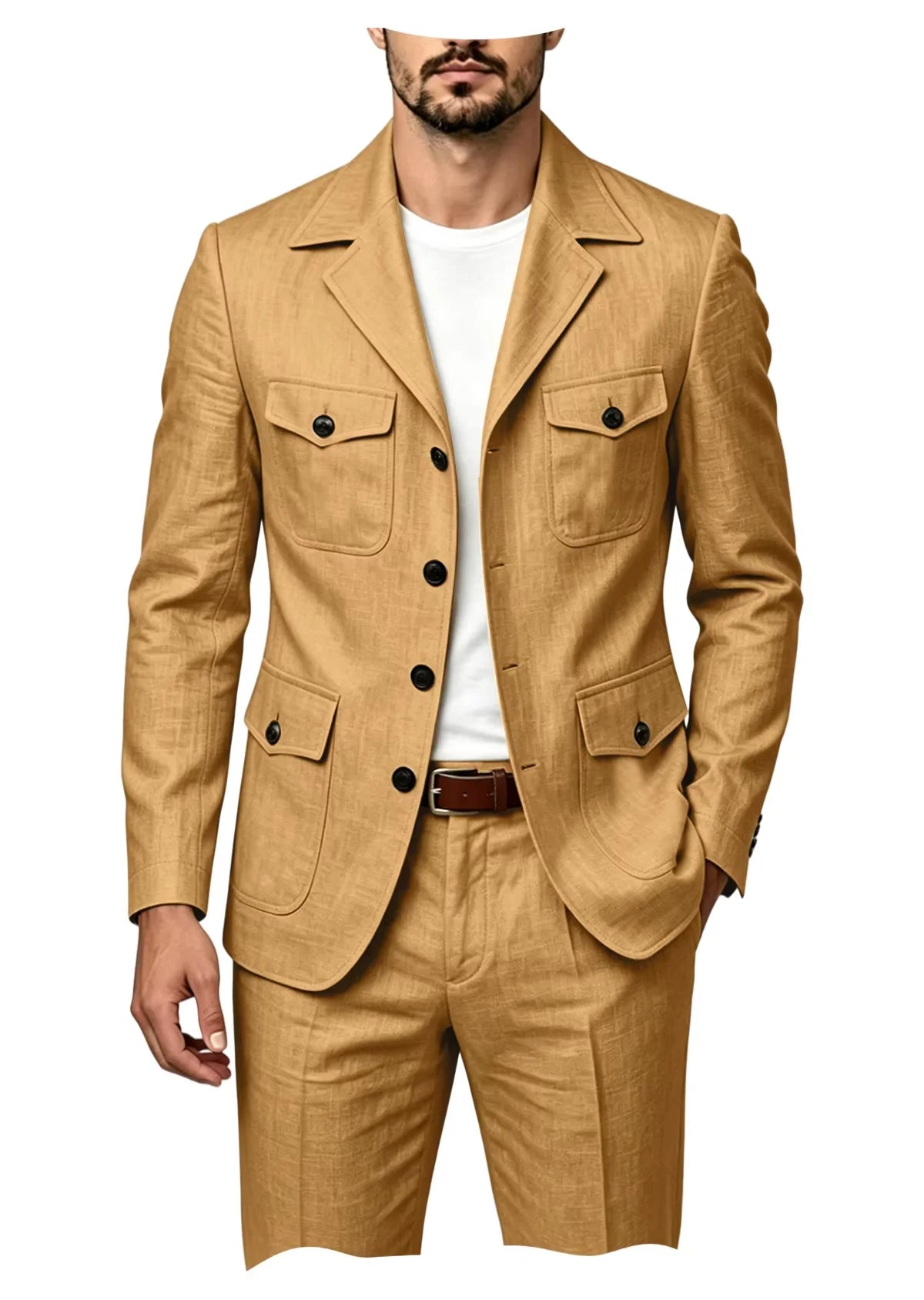 Men's Grey Linen Blend Suit 2 Piece Multi Pocket Peak Lapel Blazer pants Set Lightweight formal Suit for Summer Business Casual