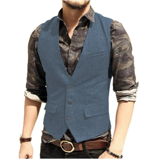 Black Brown Green Coffee V Neck Men's Suit Vest Wool Herringbone Tweed Casual Waistcoat Formal Business Vest Groom Wedding