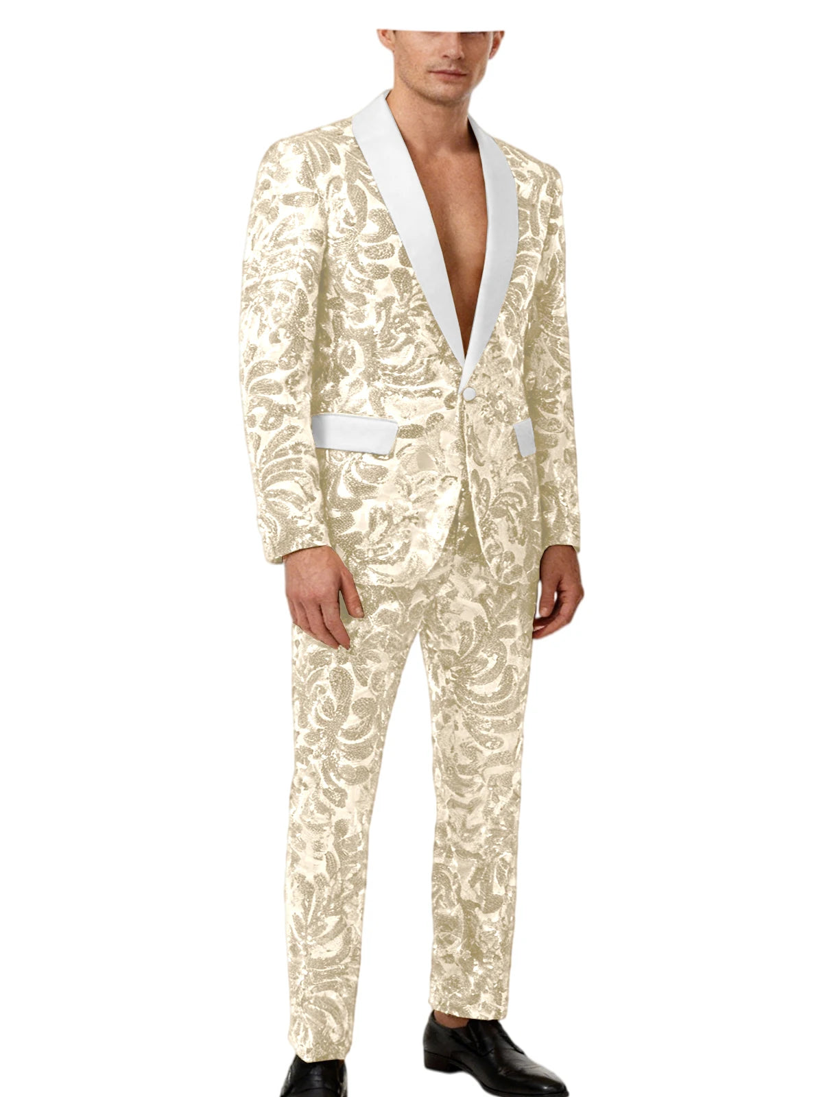Men's Sequin Paisley Tuxedo Set Suit White Satin Shawl Lapel Slim Fit 2 Piece Blazer+Pants For Wedding Prom Party Suit Plus Size