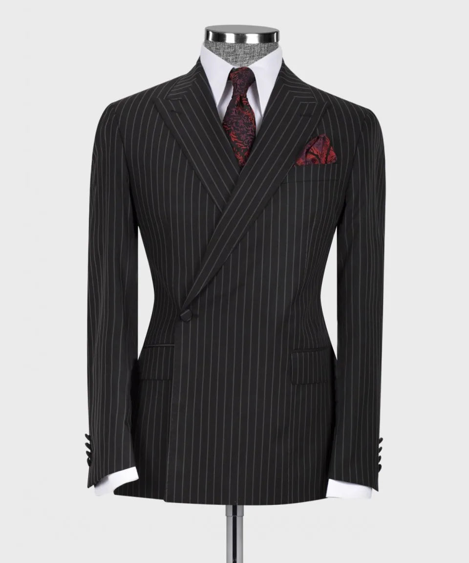 Doppelte Breasted Black Striped Männeranzüge 2pcs Blazer+ Hosen Business Casual Wear Classic Wedding Party Bräutigam Männliche Anzüge