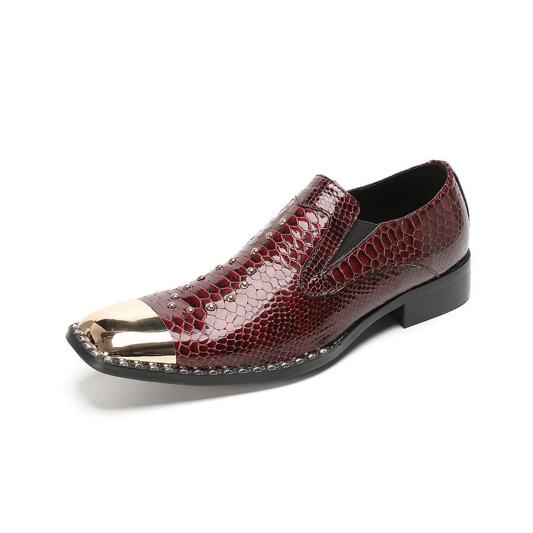 Men's Loafers Snake-Print Vintage Casual New Genuine Leather Shoes Metal Square Toe Wedding Business Formal Shoes