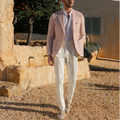 Classic Linen Men's Two Piece Suit Contrast Color Single Breasted Slim Fit Summer Beach Daily Casual Outfit Fashion Streetwear